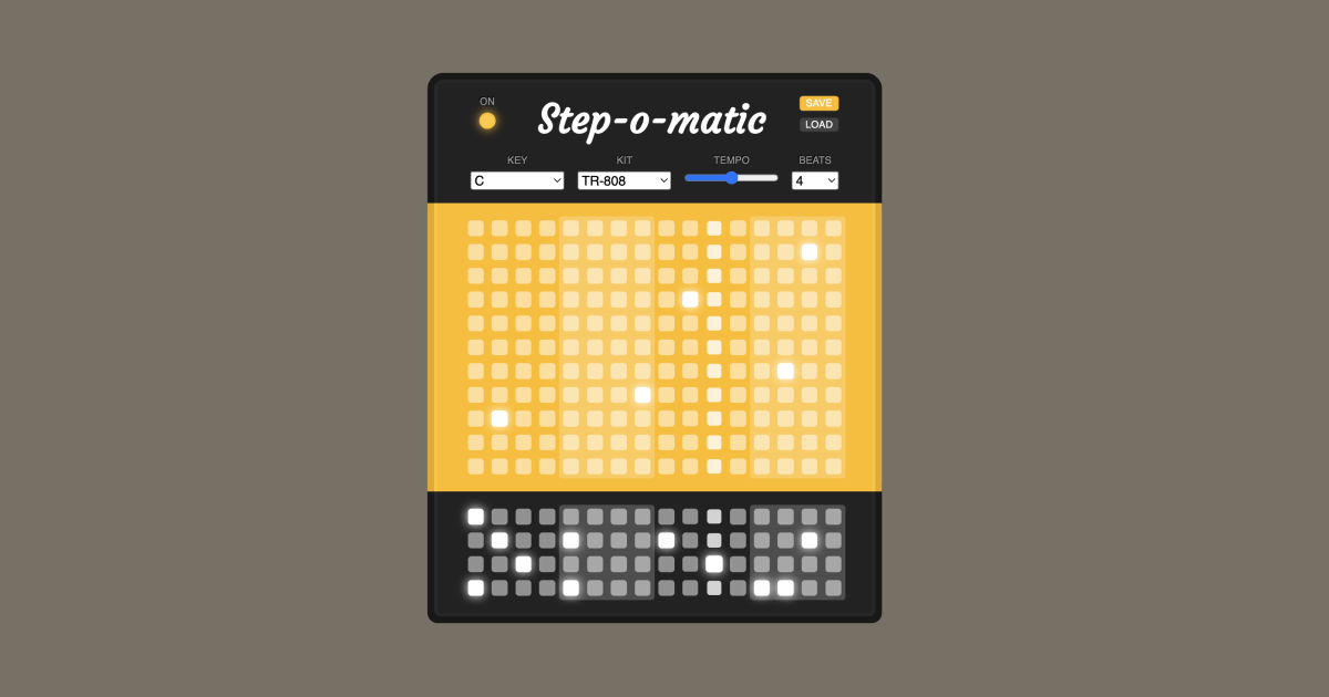 A rectangular interface with the text, “Step-o-matic” in a script. Beneath it is configuration for key, kit, tempo, measures, save/load. Beneath that is a grid of toggleable squares for the step sequencer. There is an other smaller grid at the bottom for drums.